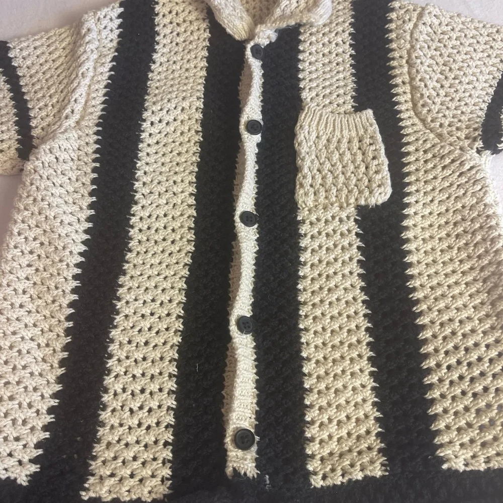 Zara Girls Size 6-7 Chunky Cotton Knit Cardigan Sweater Cream Ivory Black Stripe